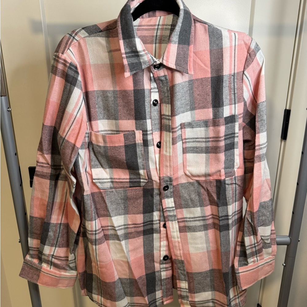 Pink and Gray Plaid Button-Up Shirt